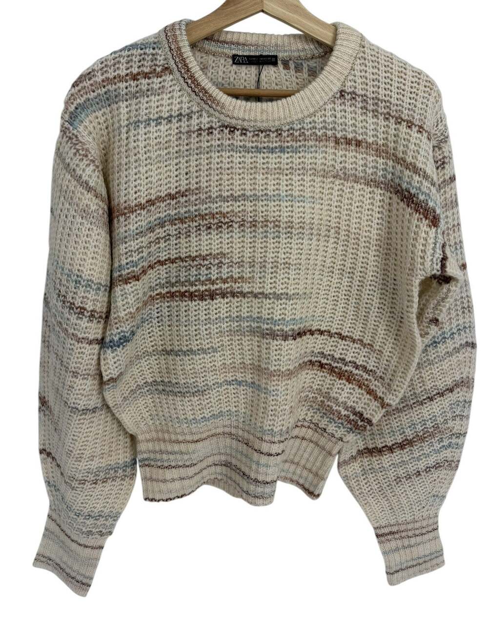 Zara NWT Women's Size Medium M Crewneck Knit Sweater Cream Balloon Dolman Sleeve